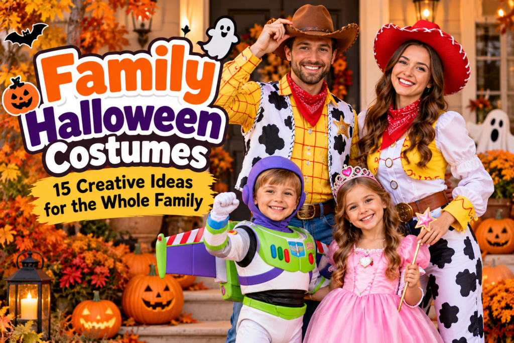 Family wearing creative coordinated Halloween costumes