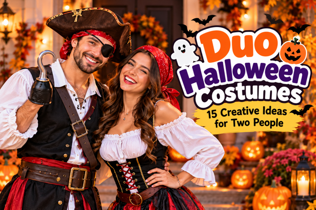 Two people wearing coordinated duo Halloween costumes