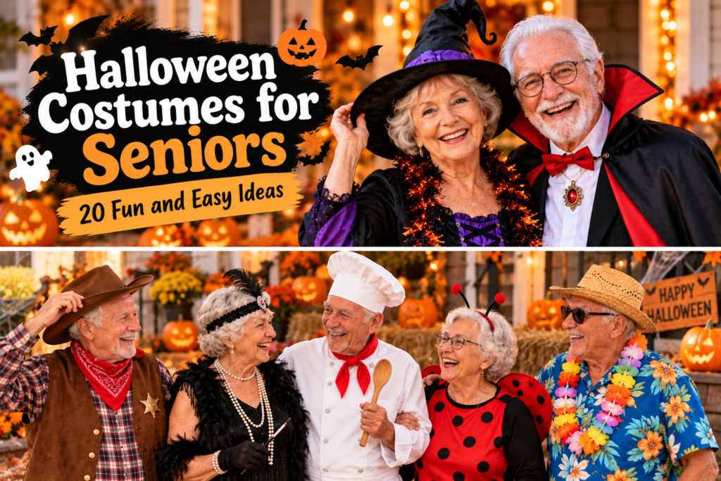 Senior adults wearing fun Halloween costumes at a festive Halloween party