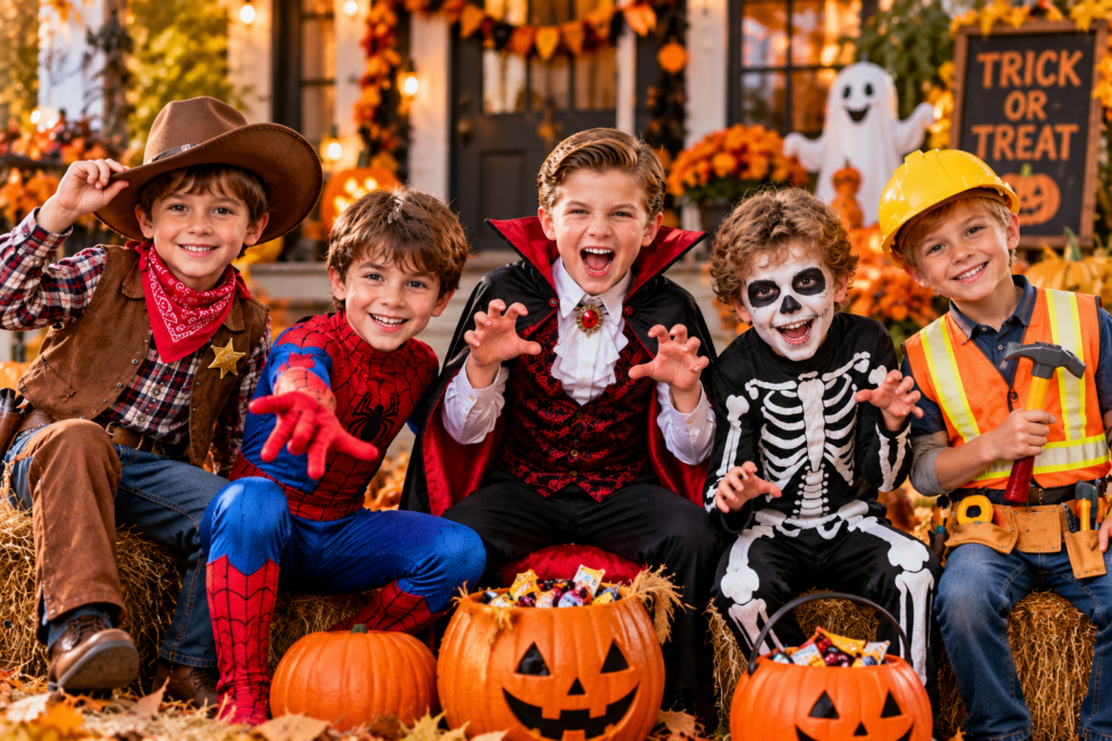 Boys wearing fun Halloween costumes for trick-or-treating