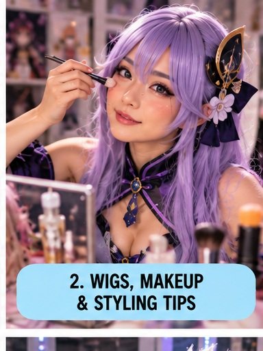 Beginner cosplay wig and makeup styling with purple wig and simple character makeup