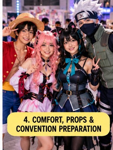 Beginner cosplayers at a convention showing comfortable costumes props and convention preparation