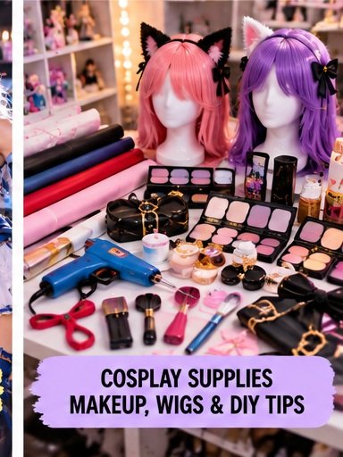 Cosplay supplies for women including colorful wigs makeup fabric accessories and beginner DIY tools