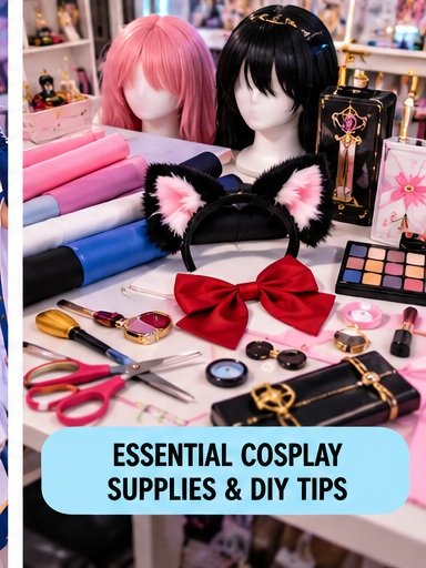 Essential supplies for easy anime cosplay including wigs bows fabric makeup tools and beginner DIY materials