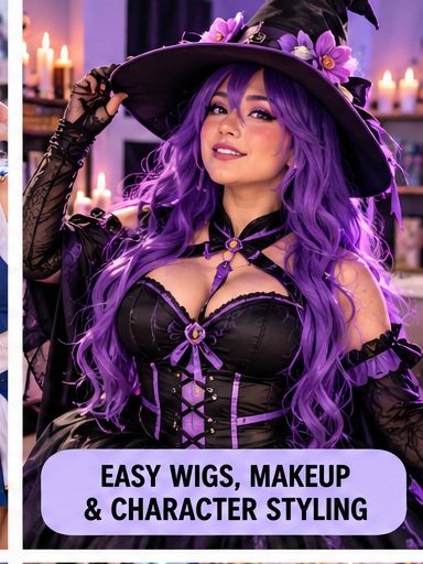 Easy anime cosplay wig makeup and character styling with purple hair and beginner friendly details