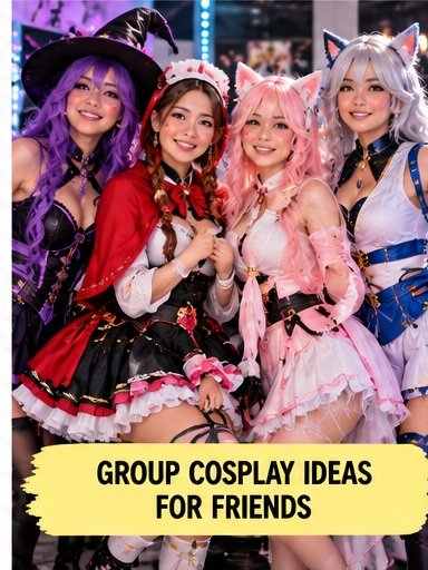 Group cosplay ideas for women with coordinated colorful fantasy and magical character outfits
