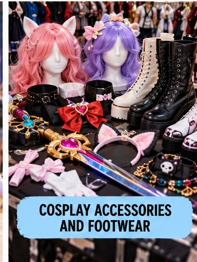 Cosplay accessories and footwear with colorful wigs boots headpieces jewelry and costume details