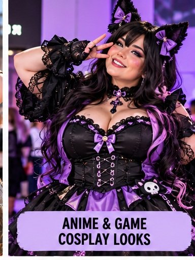 Plus size anime and game inspired cosplay with gothic fantasy styling and colorful wig