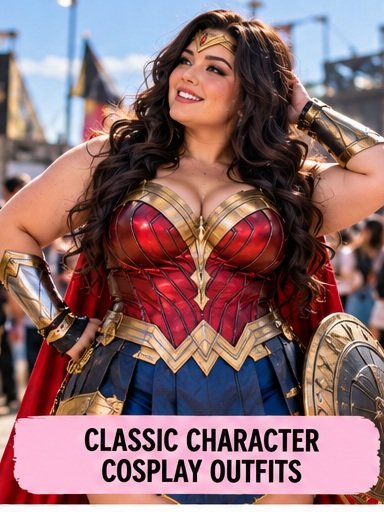 Plus size character cosplay with structured fantasy costume and dramatic convention styling