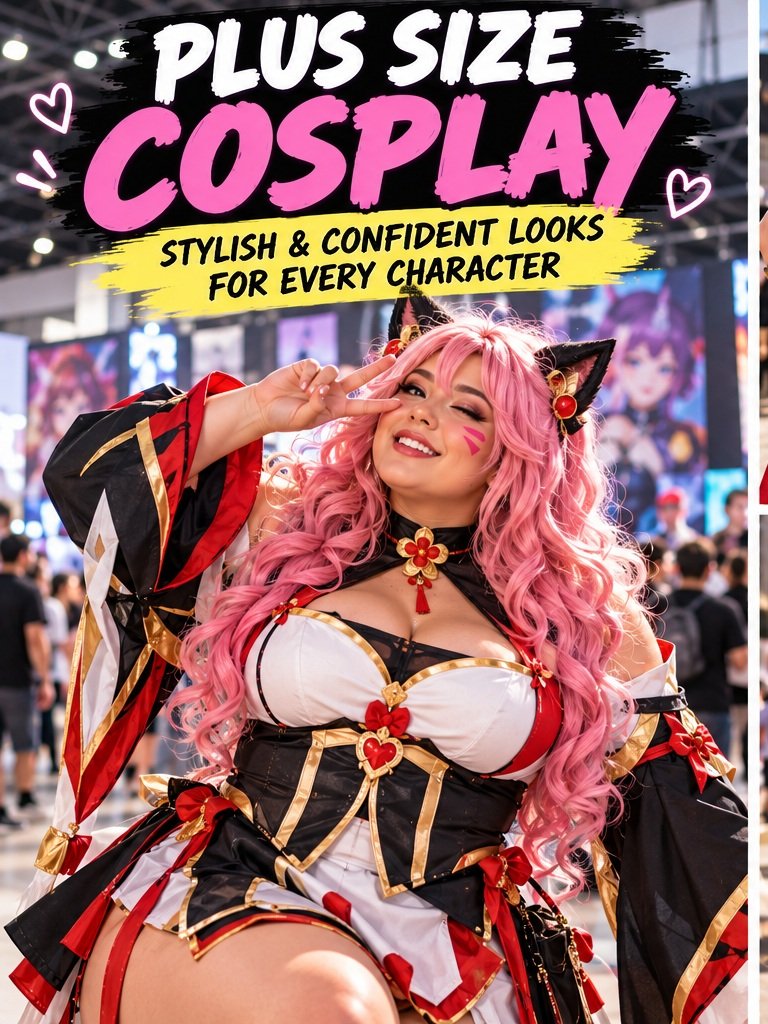 Plus size cosplay with colorful character-inspired convention costume and confident styling